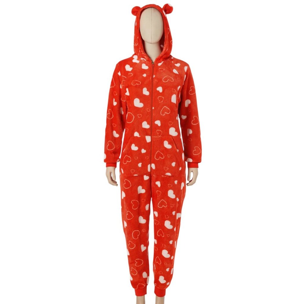 Angelina Red Heart Print Hooded One-Piece Pajamas | Zip-Up Fleece | S/M & L/XL - Picture 4 of 9
